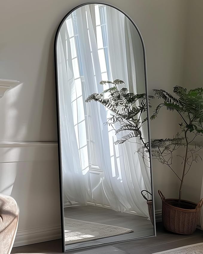 Antok Full Length Mirror, 58"x18" Floor Mirror with Stand, Hanging Mounted Mirrors for Bedroom, Living Room, Cloakroom, Dining Room, Black, Arched