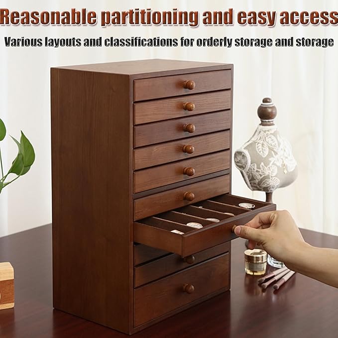 10-Layer Wooden Jewelry Storage Box, Retro Makeup Organizer, Large-Capacity Multi-Layer Jewelry Chest, Elegant Vintage Design for Jewelry and Accessories