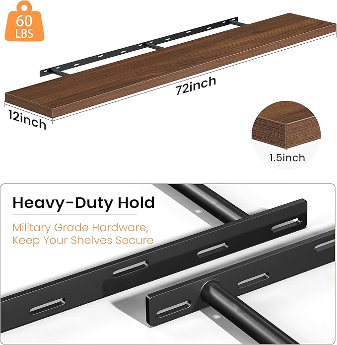 Fun Memories 72 Inch Floating Shelves, 12 Inch Deep Wall Shelf for Fireplace Mantel, Walnut Deep Storage Shelves for Home & Office, Long Floating Shelf with Invisible Bracket, Set of 2