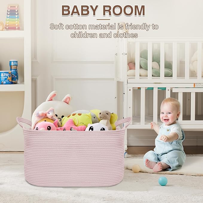 YOUDENOVA Nursery Storage Basket，21.6''×14.9''×11.8'' Rectangle Cotton Rope Blanket Basket, Nursery Laundry Hamper for Organizing，Large Toy Basket for Living Room, Bedroom Pink