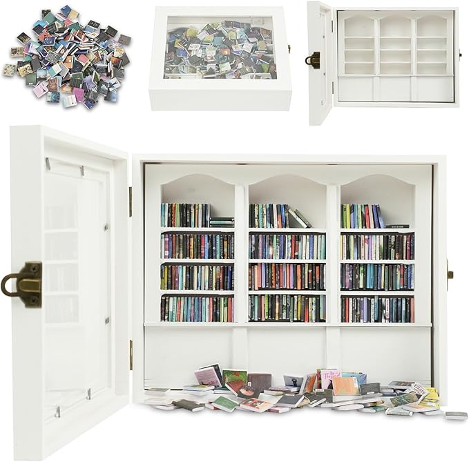 Anxiety Bookshelf - Shake Off Your Anxiety,Miniature Display Shelf,Contains 200 Miniature Book Models,Antique Style Gift Decoration Mini Bookshelf (White)