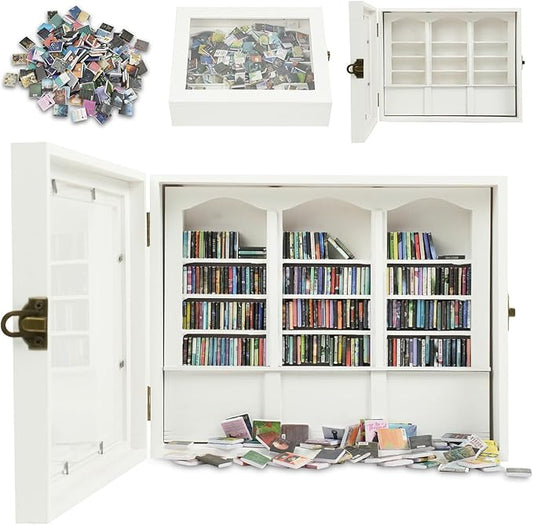 Anxiety Bookshelf - Shake Off Your Anxiety,Miniature Display Shelf,Contains 200 Miniature Book Models,Antique Style Gift Decoration Mini Bookshelf (White)