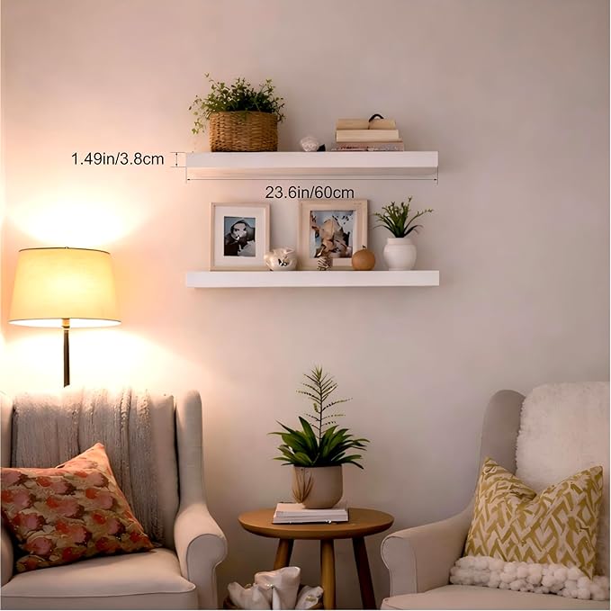 Floating Shelves for Wall, 24" Wall Mounted Shelves, Modern Decor & Storage for Bathroom, Bedroom, Kitchen, Living Room, with Invisible Brackets, Set of 2, White
