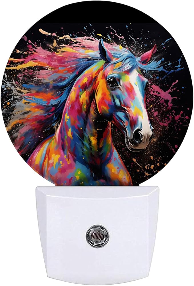 Colorful Horse Night Light Night Lights LED Lamp Round Plug into Wall Nightlight with Dusk to Dawn Sensor Home Hallway Stairway Kitchen Decor