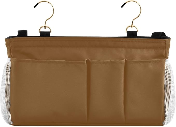 Brown Bedside Caddy Storage Bag Bedside Organizer for Bunk Bed Headboards College Organizer Caddy Hanging Shelf 6 Pockets with Hooks for Drinks Magazine Phone Holder