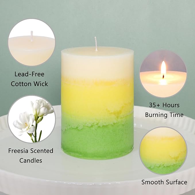 Pillar Candles, Freesia Scented Candles 35+Hour Long Lasting Burn Time, 3 X 4 Inches Dripless & Smokeless Aromatherapy Candles for Wedding Party Home Décor, Set of 3