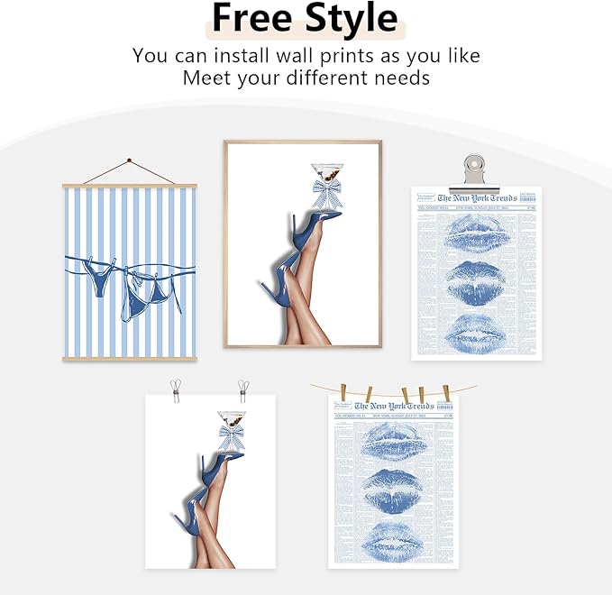 Blue Coquette Wall Art Decor Preppy Trendy Aesthetic Posters Funky Retro Y2k Canvas Wall Art Decor Blue Bow Bikini Lips Prints Girly Room Artwork for Dorm Bedroom 12x16 Inch Unframed Set of 3