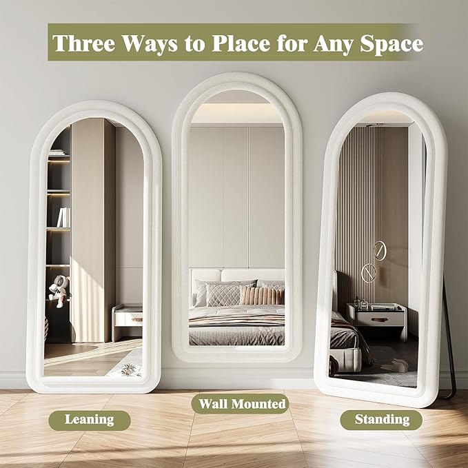 Koonmi 56"x24" Full Length Mirror, Flannel Wall Mirrors, Velvet Arched Full Body Mirror with Stand, Hanging or Leaning Against Wall for Bedroom Living Room, White