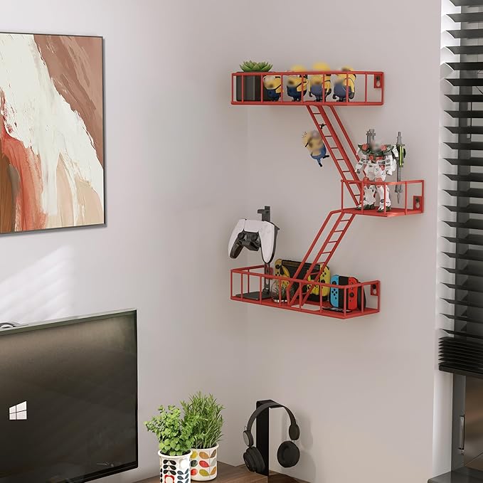 Fire Escape Shelf - 3 Tier Metal Red Fire Escape Wall Shelves with Baskets, New York Action Figurine Display Shelf, Unique Rustic Floating Decorative Wall Shelves for Any Room