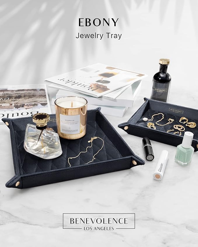 Benevolence LA Perfume & Jewelry Trays for Dresser, Set of 2 | Vanity Valet Organizer, Catch-All Tray for Makeup & Accessories | Decorative Desk & Dressing Table Organizer – Ebony