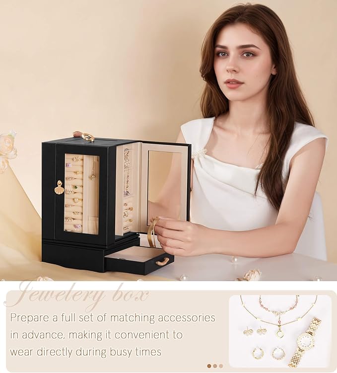 Enthralite Jewelry Box Large for Dresser: Women Necklace Ring Storage Organizer with Compartments - Elegant Earring Holder Display - 360° Rotating Jewelry Organizer with Glass Door