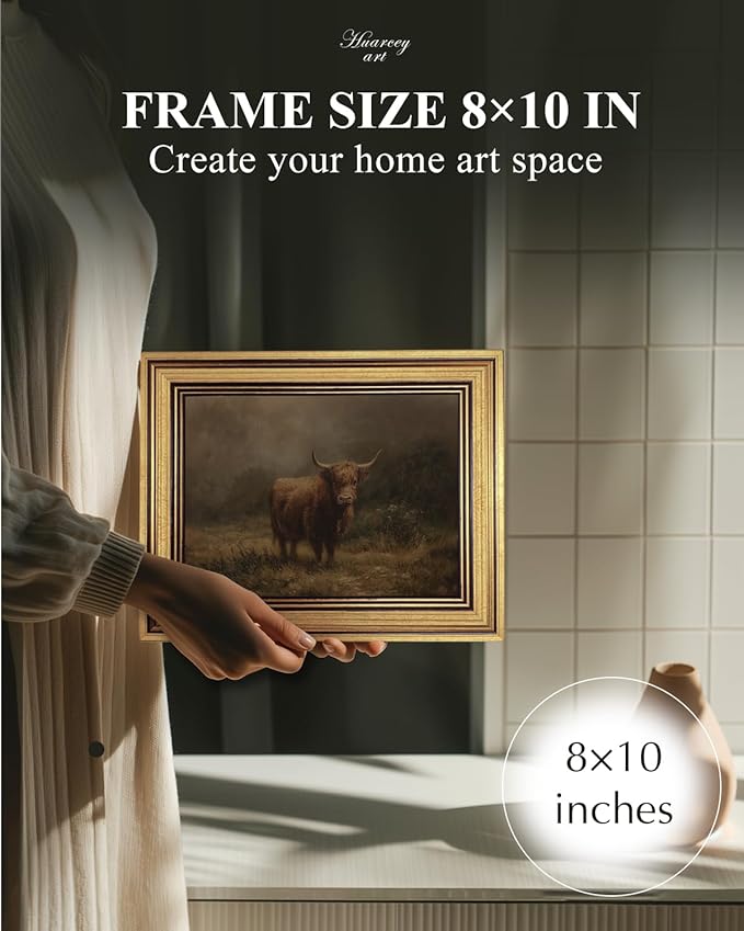 HUARCEY Gold Framed Vintage Wall Art for Living Room, Animals Painting Prints Shelf Decor for Kitchen, Aesthetic Bedroom Wall Art, Best Gifts for Friends or Family - Highland Cattle 10L x 8W