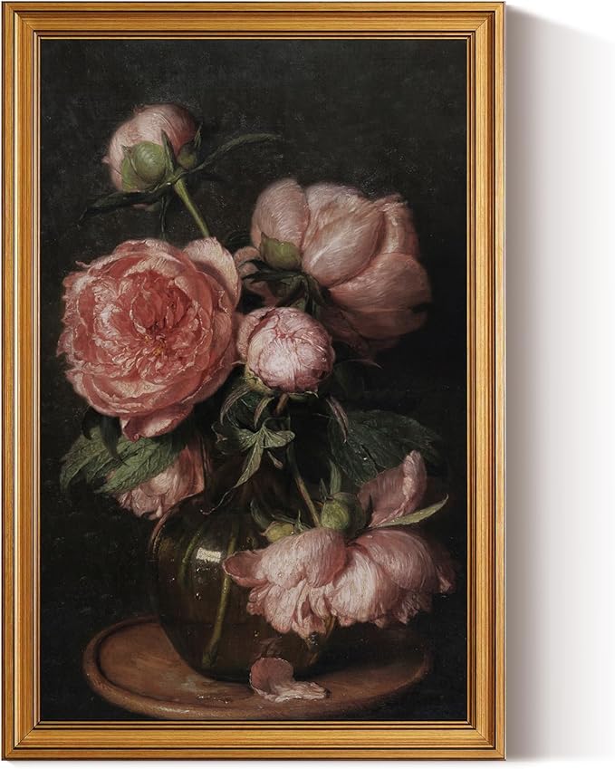HUARCEY Framed Canvas Wall Art Prints, Bathroom Shelf Vintage Decor Aesthetic, Peony Floral Paintings Farmhouse Wall Decor, Retro Table Desk Decoration for Bedroom Living Room, 16x24Inch
