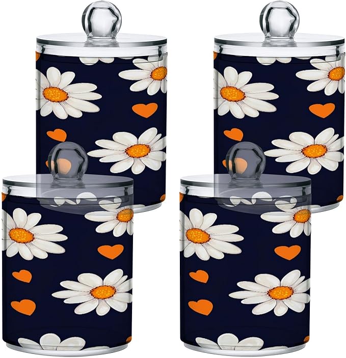 Nander 2Pack Beautiful Daisy Petals Qtip Holder Dispenser -Clear Plastic Apothecary Jars Set - Restroom Bathroom Makeup Organizers Containers for Cotton Swab, Ball, Pads, Floss