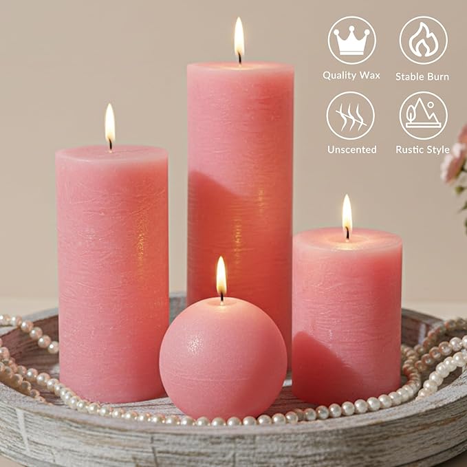 Pink Rustic Textured Pillar Candles Set - 4 Pcs Assorted Sizes Unscented Pillar Candle, Decorative Farmhouse Candles for Home Centerpiece Decor, Holiday Dinner Table, Dripless & Smokeless