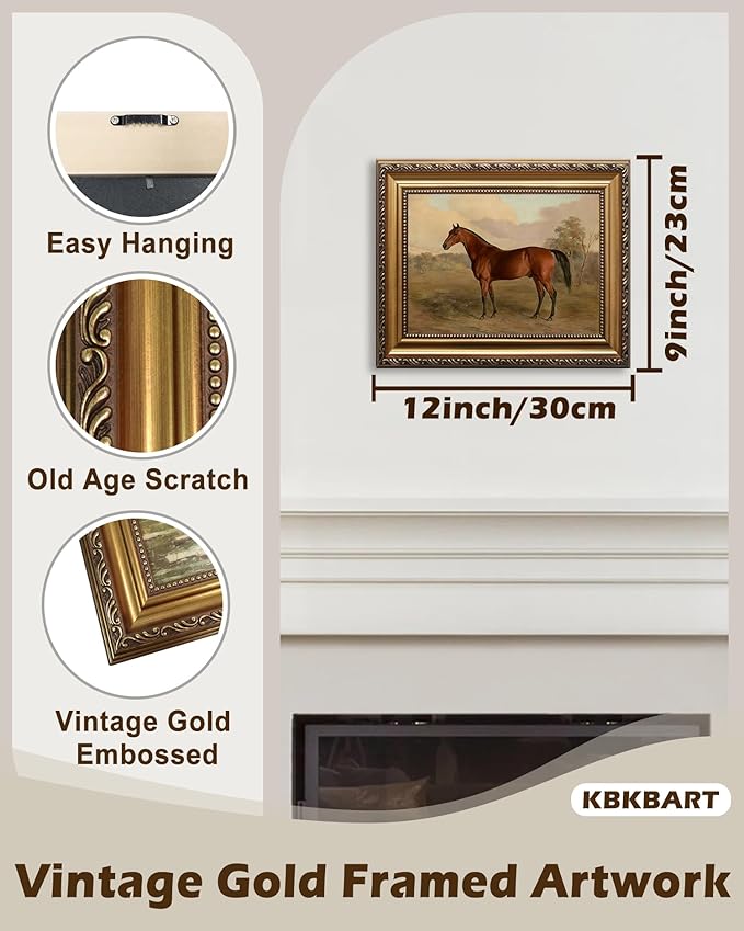 KBKBART Gold Framed Vintage Wall Art, Vintage Horse Painting Farmhouse Decor, Rustic Antique Equestrian Art Prints Wall Decor, Western Animal Picture Wall Hanging Decor for Living Room, Bathroom, Office, Bedroom(9"x12")