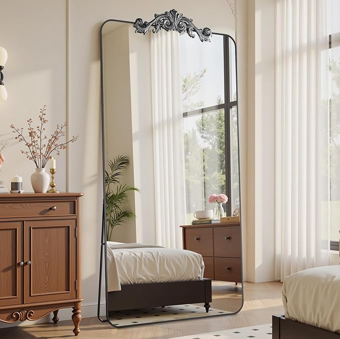 Vintage Full Length Mirror, 76"x34" Floor Mirror with Carved, Full Body Mirrors for Home Decor, Standing/Hanging Large Wall Mirrors for Bedroom/Living Room/Entryway, Black, Retro Style
