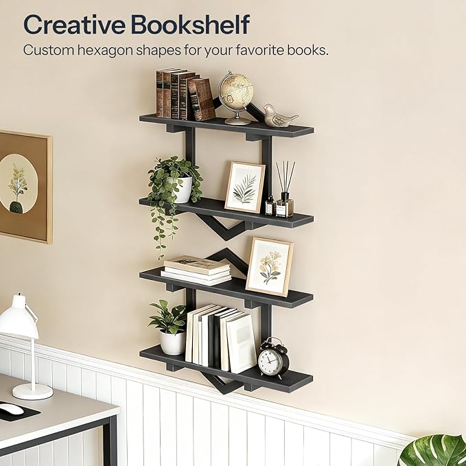 HOOBRO Floating Shelves, 15 Inch Wall Shelf Set of 2, Wall Mounted Storage Shelves 2-Tier, Hanging Bathroom Shelves, for Living Room, Bedroom, Bathroom, Kitchen, Black BB13BJP201