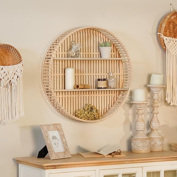 Rattan Wall Shelf 3 Tier Boho Wall Mounted Shelf Farmhouse Handcraft Round Floating Shelf Display Rack Storage Circular Hanging Shelf for Livingroom Home Decor