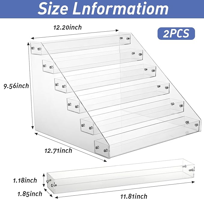 2-Pack 6-Tier Acrylic Display Shelf, Clear Nail Polish Paint Organizer - Wide Slot Multi-Layer Riser for Perfume, Makeup, Figures, Spices, Cards & Stickers