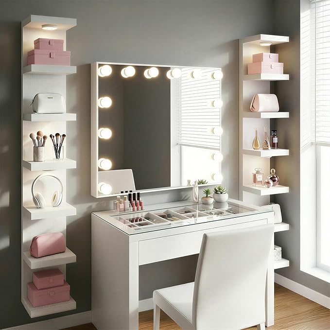 Fixwal Wall Shelf Unit 7 Tier White Wall Mounted Lack Shelf with LED Lights for Home Decor Organizer