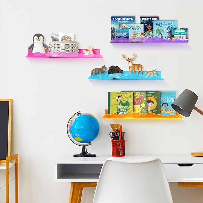 Rainbow Acrylic Floating Shelves, 15in Kids Wall Mounted Nursery Bookshelves, Display Ledge for Books Toys Cosmetic, Bathroom Bedroom Living Room Wall Decor and Storage, 4 Pack, Mix
