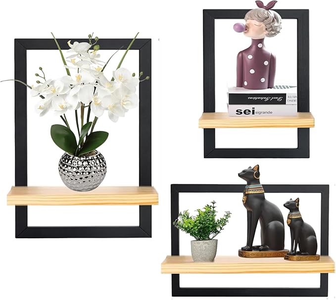 Set of 3 Wooden Floating Shelves for Wall - Solid Wood Kitchen Shelf Decor Floating Wall Shelves for Living Room, Metal Frame Hanging Shelves