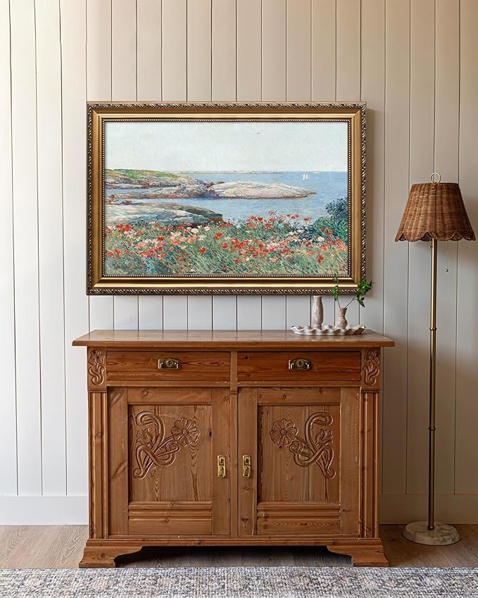 KBKBART Vintage Framed Wall Art for Living Room, Vintage French Coastal SeaScape Canvas Art Prints Farmhouse Decor, Country Wildflower Landscape Painting, Gold Framed Spring Flower Wall Art for Bathroom Bedroom Gallery, 16"x 24"