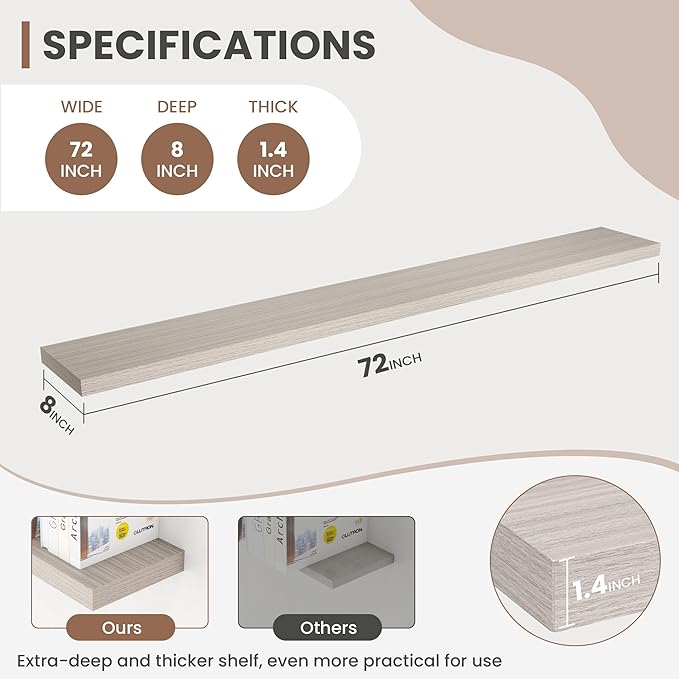 Acovy 72 Inch Floating Shelves, 8 Inch Deep Floating Shelves for Wall, Hanging Shelf with Invisible Brackets, Deep Shelves for Bathroom, Bedroom, Living Room, Grey, Set of 1