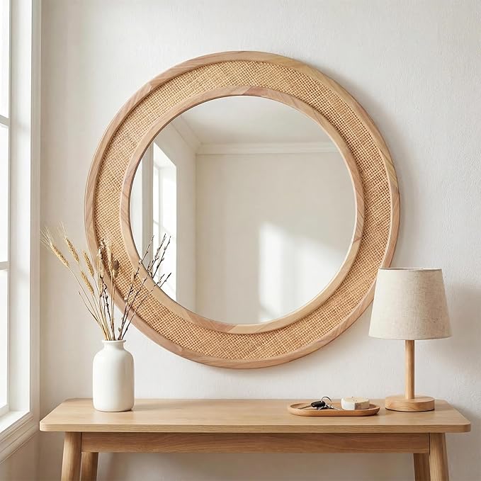 Round Rattan Mirror, 30" Circle Wall Mirror, Farmhouse Wooden Vanity Mirror with Handmade Wicker Frame, Decorative Boho Mirror for Nursery Bedroom Living Room Entryway Nature
