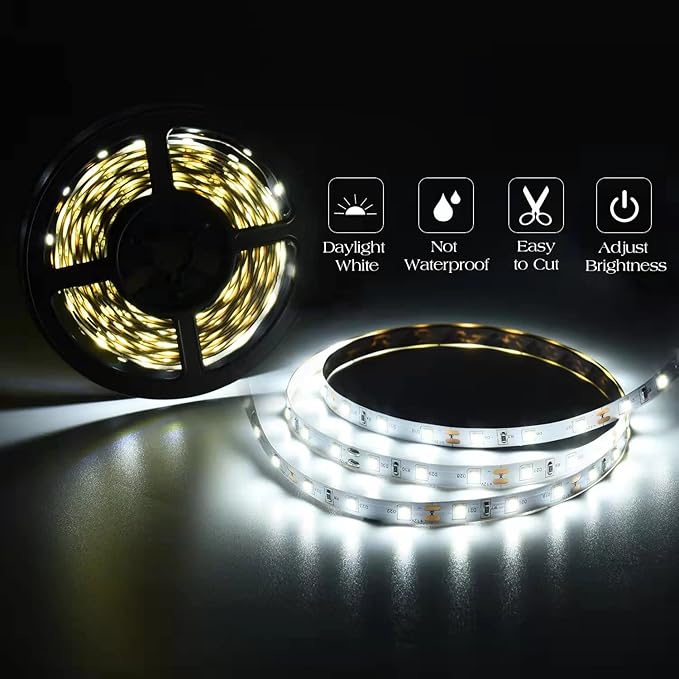 40ft Daylight White Led Strip Lights, 6000K 12V Dimmable Flexible Led Tape Light, Cuttable Led Lights Strip for Bedroom Christmas, Kitchen, Cabinet, Mirror, Not Waterproof