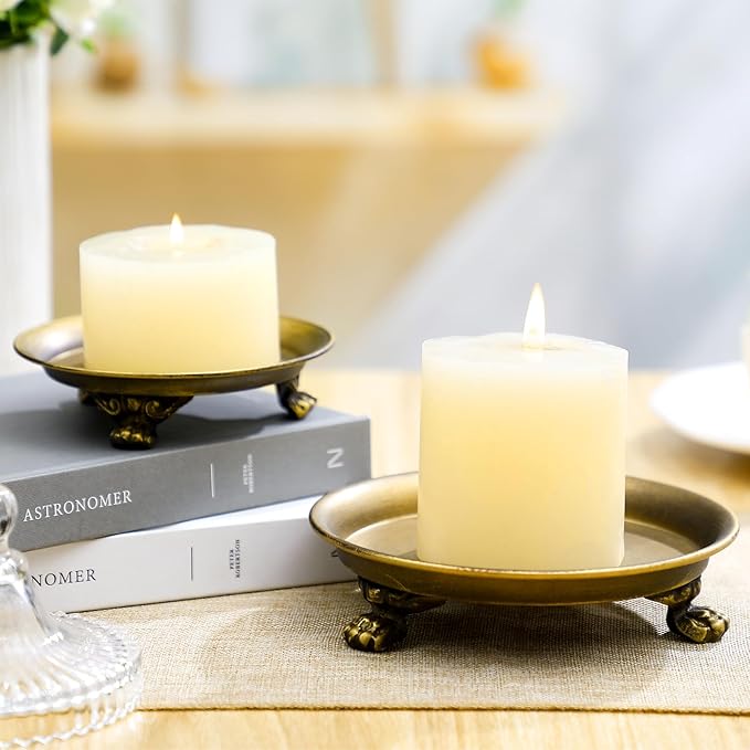 Zonon 2 Pack Brass Color Metal Clawfoot Dish Pedestal Dish Candle Tray Round Clawfoot Candle Holder Decorative Jewelry Stand for Wax Jewelry Ring Trinket Coffee Table Centerpiece Cosmetic Home
