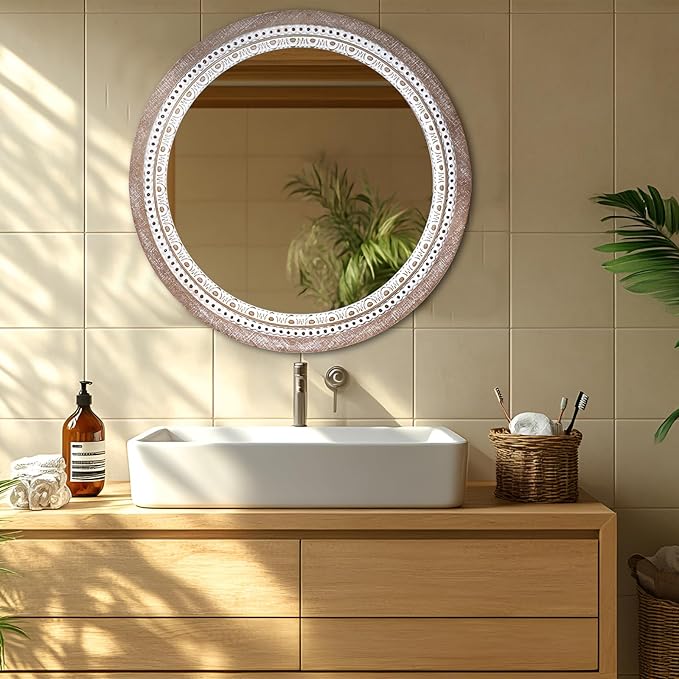 Reflinto 30 Inch Rustic Farmhouse Round Wood Mirror Wall Decor, Boho Circle Decorative Mirrors for Bathroom Over Sink, Bedroom, Living Room, Entryway, Foyer
