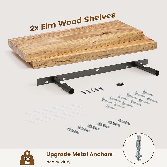 Venusmiles Live Edge Elm Floating Shelves for Wall Decor, Rustic Solid Wood Shelves Wall Mounted with Invisible Bracket for Living Room Bathroom Bedroom Kitchen, 24 Inch Set of 2, Natural