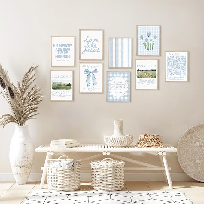 Light Blue Christian Wall Art Coquette Bible Verse Canvas Wall Decor Preppy Trendy Floral Poster Aesthetic Christian Bow Picture Religious Scripture Prints for Girls Dorm Bedroom 8x10x9 Inch Framed