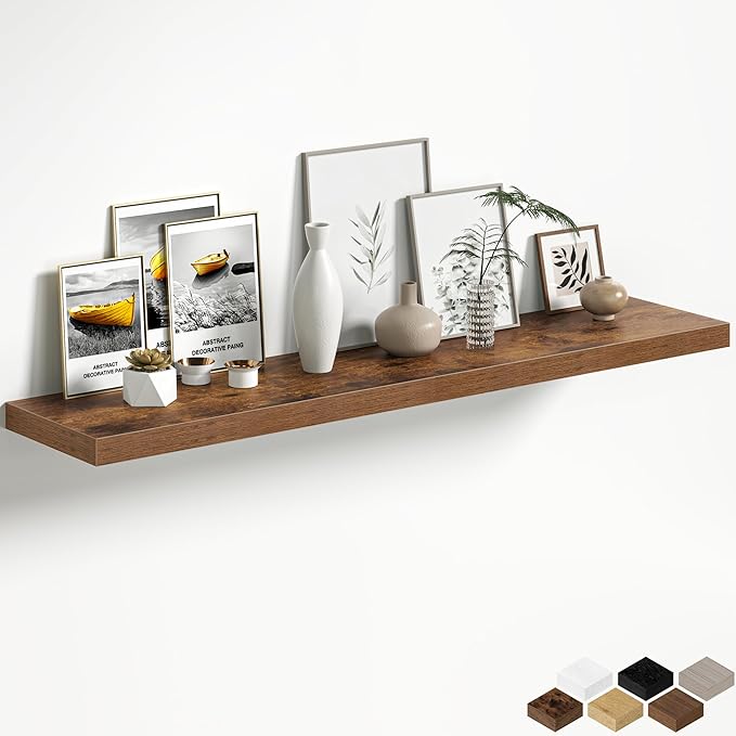 Brown Floating Shelves for Wall, 55 Inch Floating Shelves Set of 1, Wall Mounted Rustic Wood Shelf for Bathroom, Living Room, Bedroom and Kitchen, Hanging Shelf for Storage, Books, Home Decor