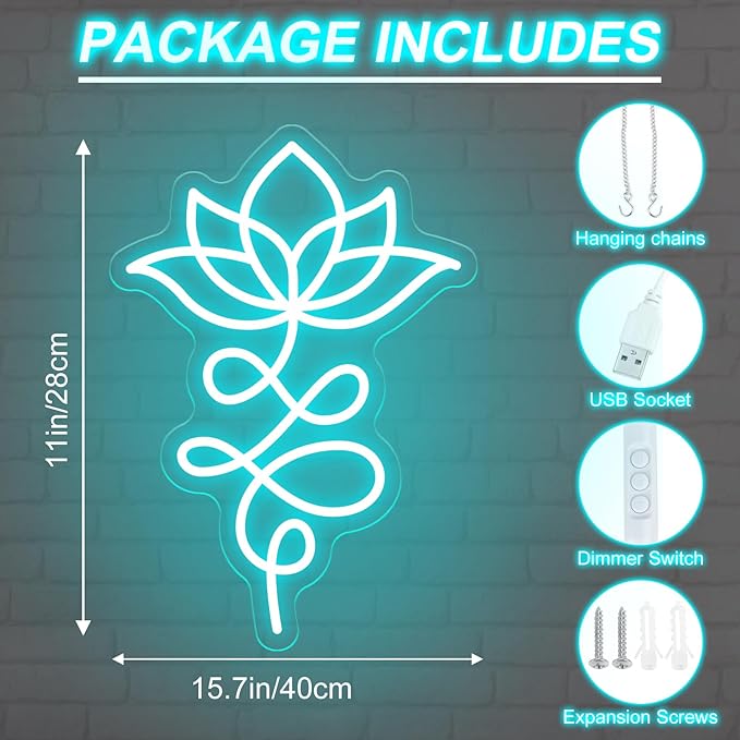 Unalome And Lotus Neon Sign, Lotus Flower, Buddhist Symbol, Spiritual Wall Decor, Yoga Wall Decor, Housewarming Gift, Spiritual Gifts, 15.7"x11", Ice Blue