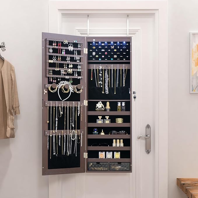 LED Jewelry Cabinet Armoire Organizer,Wall/Door Mount Jewelry Organizer and Storage with Full-Length Mirror Hanging Jewelry Organizer Full Length Mirror with Storage Large Capacity Brown