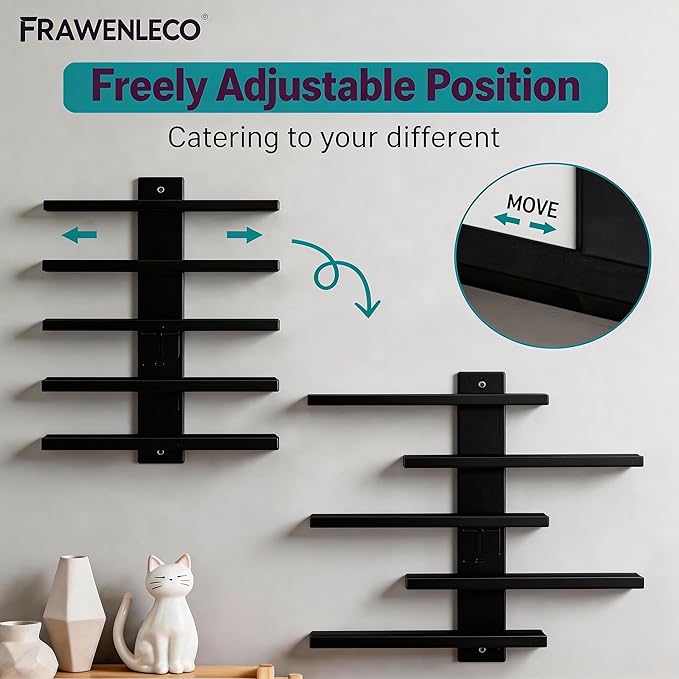 No Drill Floating Shelf for Wall, 5-Tier Wall Mounted Organizer, Damage-Free Display Shelf for Collectibles, Figures, Bathroom Kitchen Storage, Black