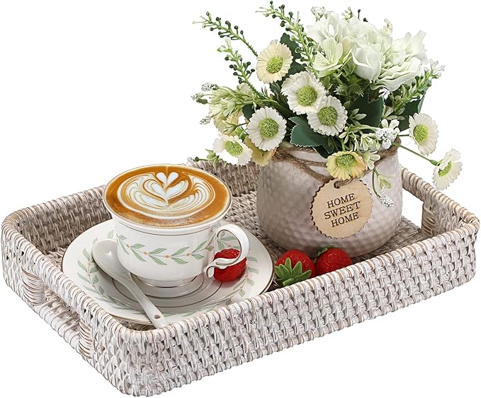 Hipiwe Hand Woven Tray with Handle Whitewash Rattan Serving Tray for Storage Rectangular Wicker Basket Tray for Key Remote Fruit Dessert Plate, 11.8 x 7.9 x2 Inch