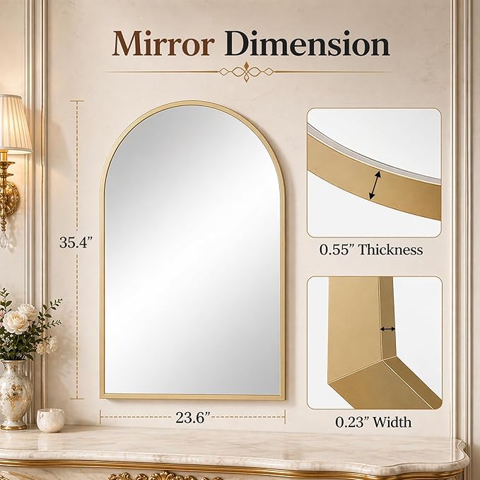 24"x36" Arched Gold Bathroom Mirror – Metal Framed with HD Shatter-Proof Glass, Wall-Mounted for Over Sink, Entryway, Living Room, Bedroom