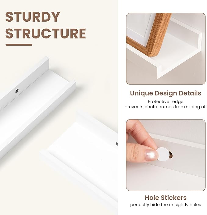Fun Memories Picture Ledge Shelf, White Floating Shelves Set of 4, 48 Inch Picture Shelves for Wall with Ledge, Large Nursery Book Shelf for Toys Storage, Living Room, Bedroom Decor Frames