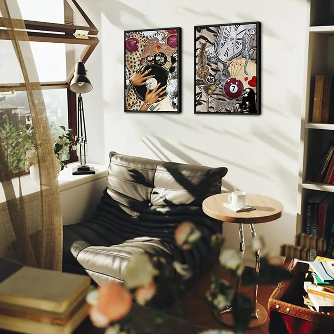 Fashion Cheetah Wall Art Set of 3 Leopard Wall Decor Pictures Lucky 8 Ball Poster Canvas Painting Prints Dark Red Cheetah Artwork for Bedroom Living Room 16x24 inch Black PS Framed
