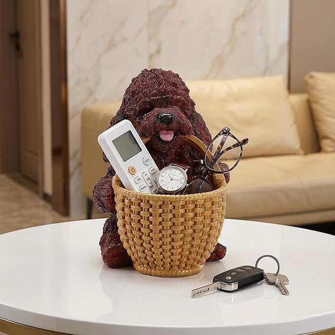 Chocolate Brown Teddy Poodle Candy Bowl, Resin Dog Figurine Key Bowl for Entryway Table, Desktop Storage Basket Organizer for Desk, Unique Dog Lover Gift
