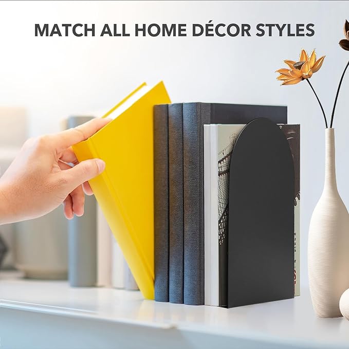 Metal Book Ends for Shelves - 8Pcs Bookends for Heavy Books Non-Skid Decorative Book Stopper to Hold Books/CDs for Home Office School and Desktop Organizer, Black