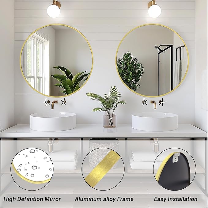 Sunniry Gold Round Mirror, Circle Mirror 26 inch, Gold Circle Mirrors Metal Frame, Round Mirrors for Wall, Living Room, Bathroom, Entryway, Rustic.