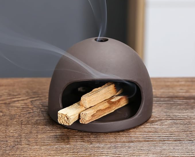 Palo Santo Stick Holder, Handmade Ceramic Smoking Bowl for Sage and Palo Santo, Ash Catcher with Mini Chimney for Energy Cleansing, Yoga, Meditation Relaxation (Circular)