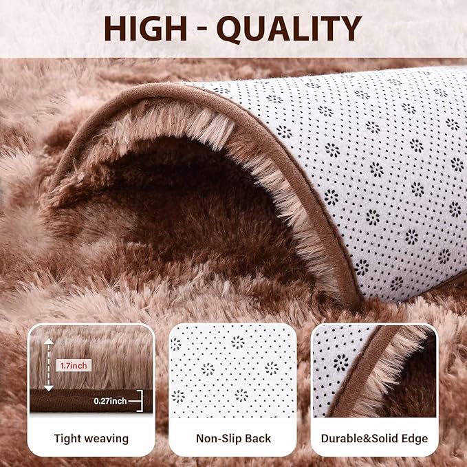 FinRèc 5x8 Feet Brown Rugs for Living Room Bedroom, Large Plush Fluffy Shag Area Rug, Non-Slip Fuzzy Furry Shaggy Rug for Kids Room Dorm Room Home Decor, High Pile Soft Floor Carpet