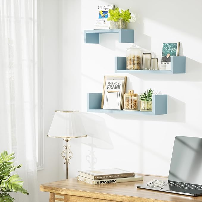 SRIWATANA Floating U Shelves Wall Mounted, Solid Wood Wall Shelves Set of 3 (Blue)