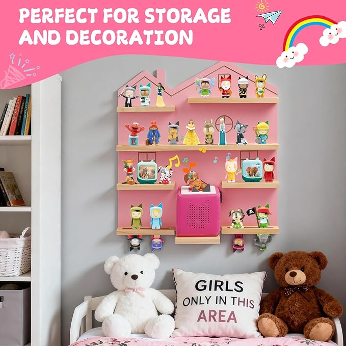 Gieanoo Large Tonie Shelf for Toniebox,for Toniesbox 1 and Toniebox 2 Tonie Shelf Wall Mounted Magnetic Pine Wooden Floating Shelves Compatible with Tonie Box Player Tonie Figures Storage(Pink)
